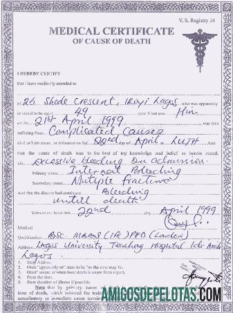 Certidão de óbito do Hospital Universitário da Universidade de Lagos, Inglaterra exemplo real